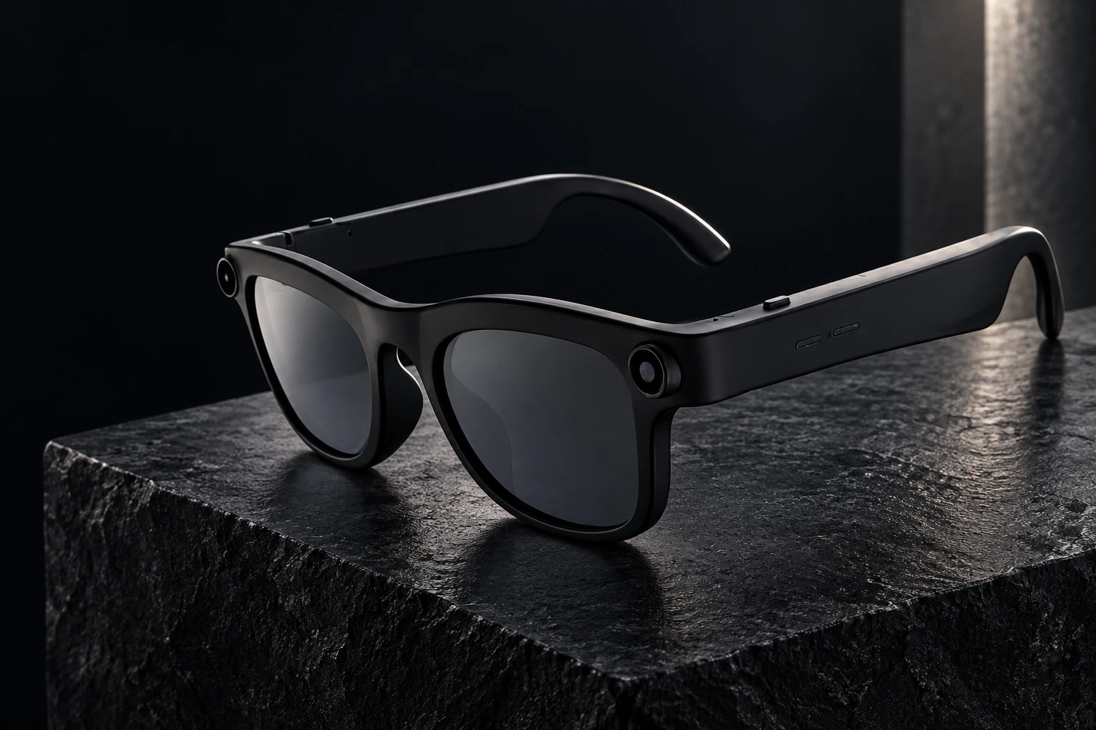 APEX black smart sunglasses with dark lenses and unbranded frames on a stone studio surface