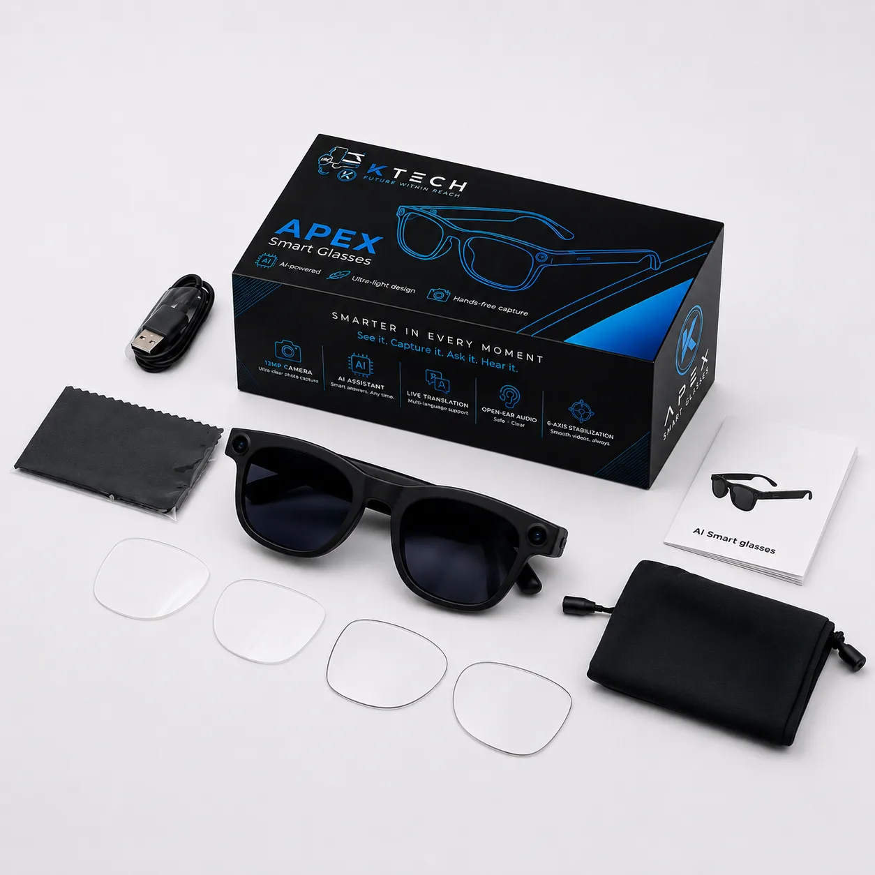APEX package presentation showing glasses, box, pouch, cable, cleaning cloth, manual and spare lenses