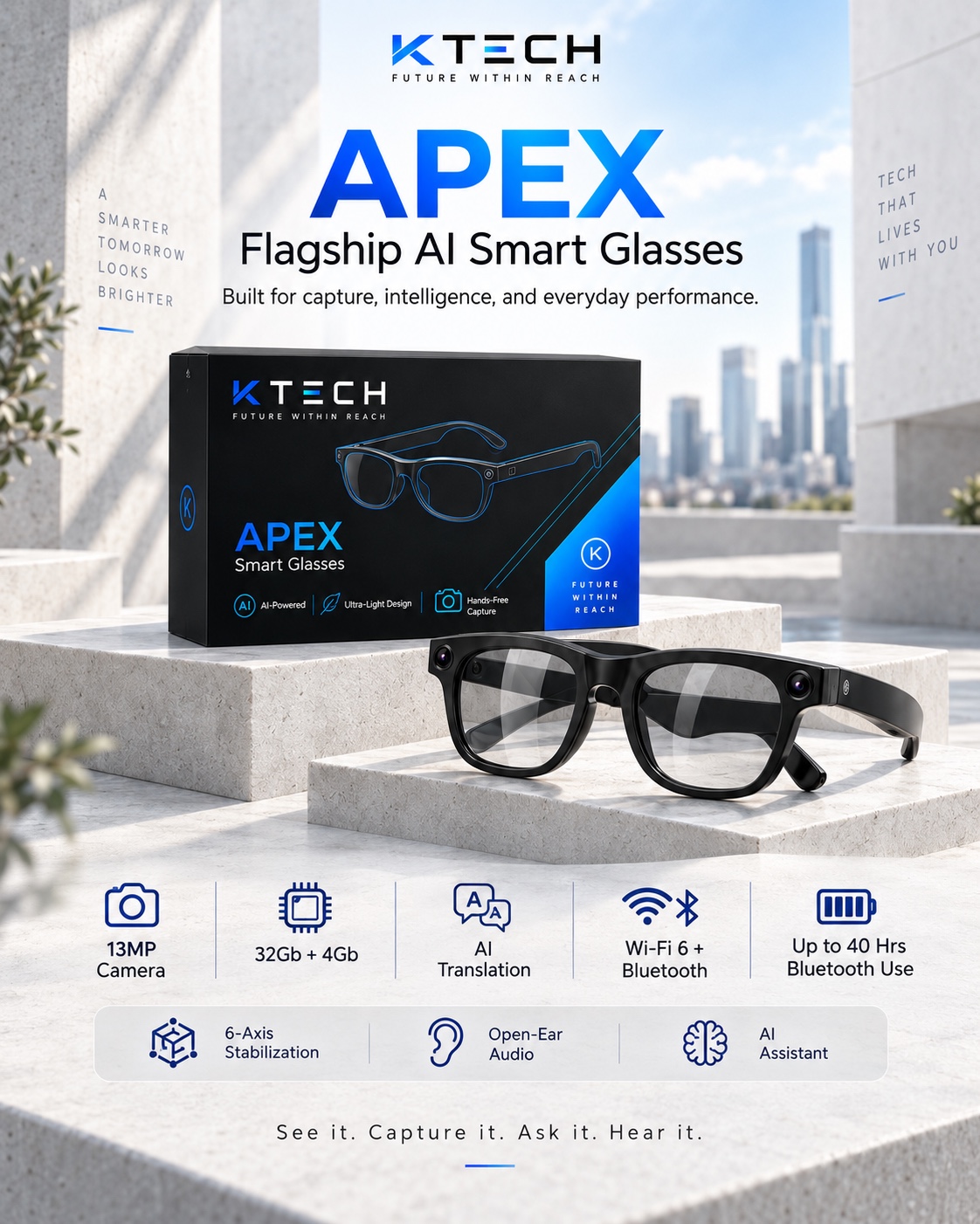 KTECH APEX flagship AI smart glasses poster showing the glasses, packaging and features