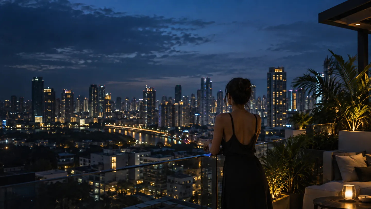 Illustrative blue-hour city rooftop scene