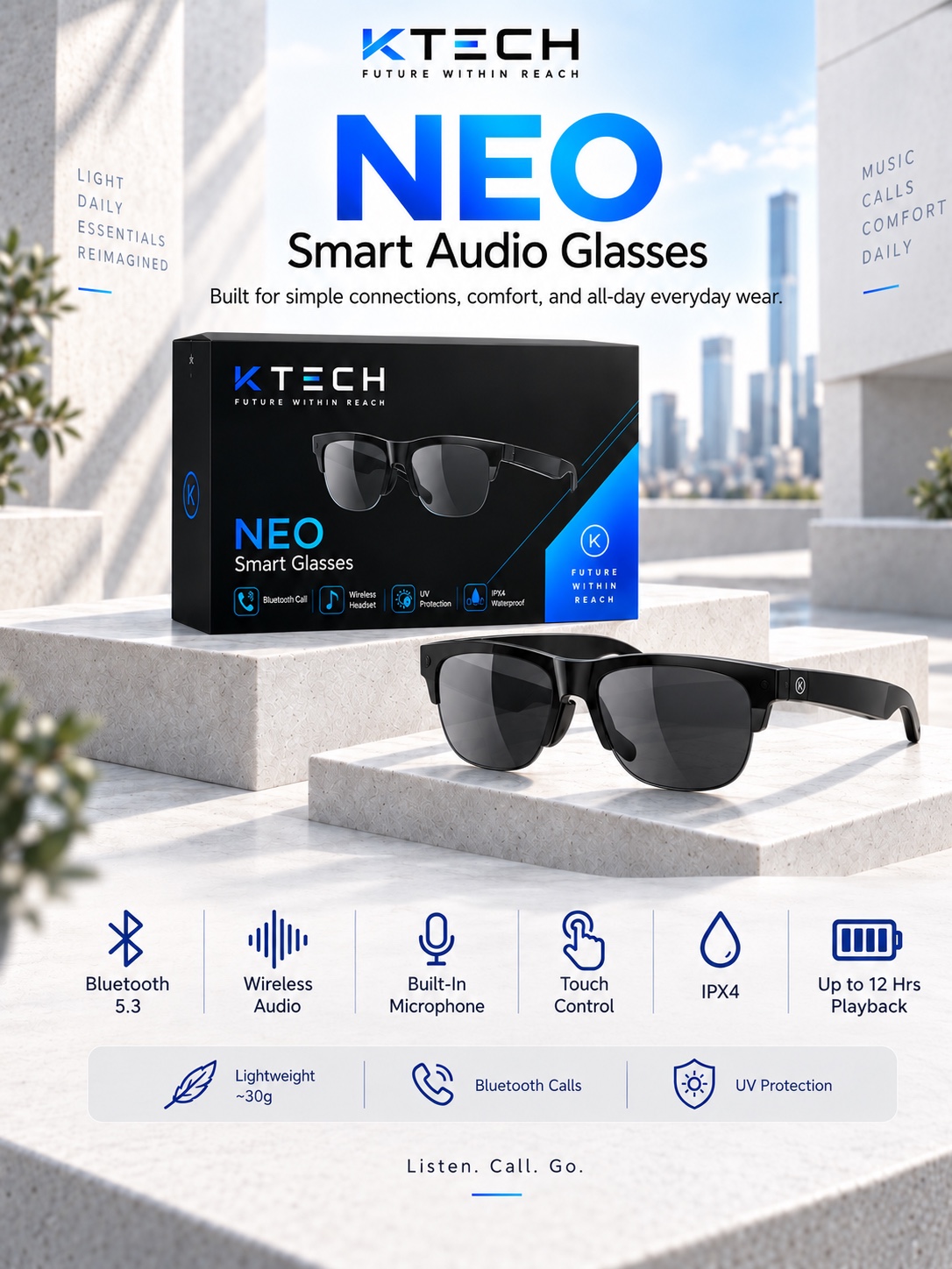 Black KTECH NEO glasses and packaging