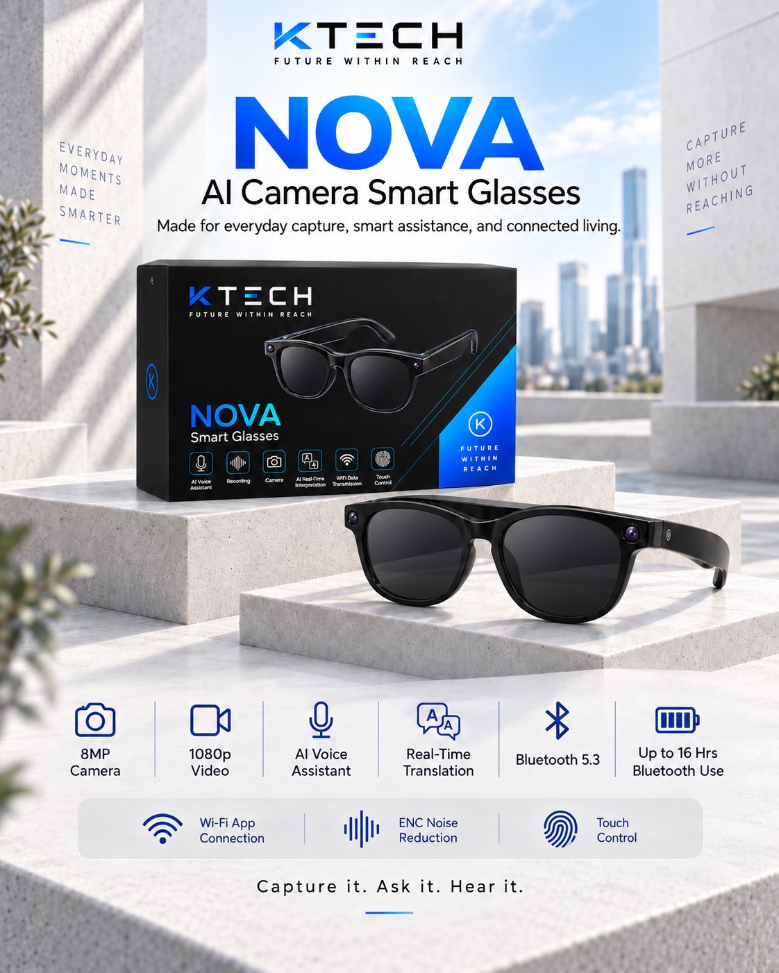 Black KTECH NOVA glasses and packaging